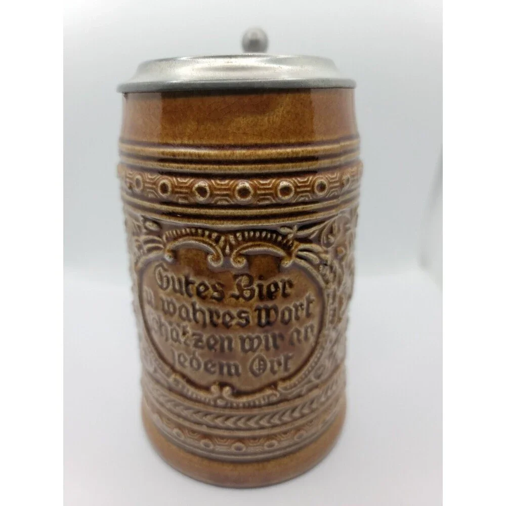 Vintage Collectible Brown West German Beer Stein Mug With Lid 6.5”